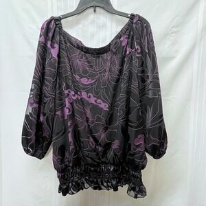Helene Blake Blouse Womens 2X Black Purple Floral Sheer Peasant Boho Whimsigoth
